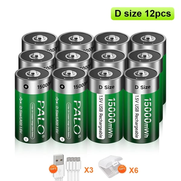 Uudelleenladattava D-kokoinen paristo, USB-kaapeli lataus, Li-ion-paristot,12PCS Akut