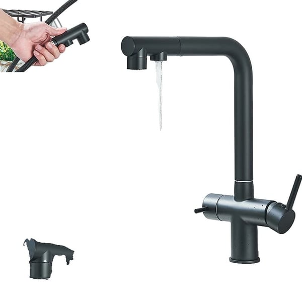 Vandfilter Køkkenarmatur, Dobbelt Håndtag, 360° Rotation, Udtræksspray,Matte Black = Mat Sort