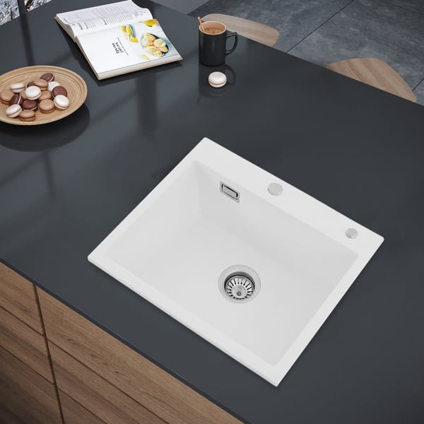 Køkkenvask, Kvartssten, 50 x 45 cm, Indvendige dimensioner 45 x 35 x 18,5 cm, Belastning 100 kg, To forborrede huller