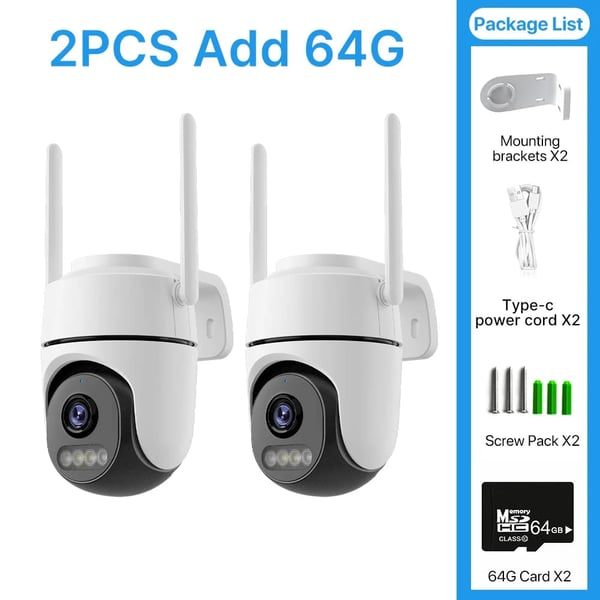 PTZ Kamera, Nattesyn, Real-Time Advarsler,2PCS Tilføj 64G