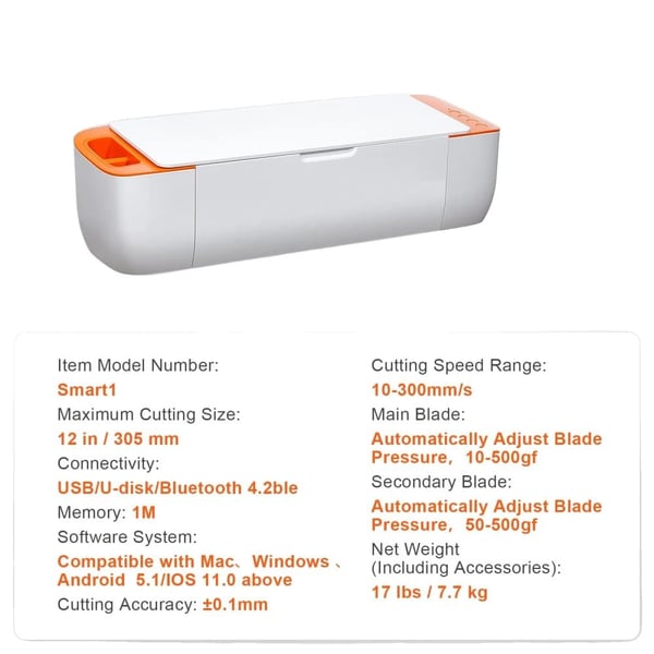 Vinylskærer, USB/Bluetooth-forbindelse, 10-300 mm/s skærehastighed, 12 tommer skærestørrelse,Hvid Orange