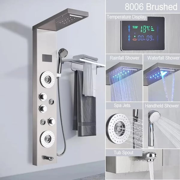 Bruserpanel, regn- og vandfaldsfunktion, LED-lys med temperaturvisning,S8006 børstet nikkel