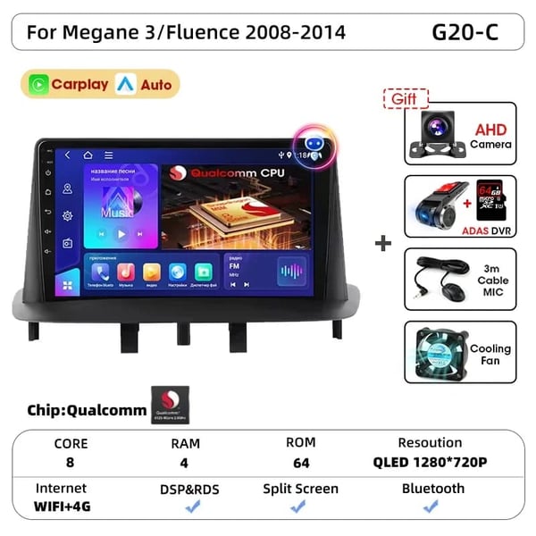 Bil Multimedia System, Høj Udgangseffekt, kompatibel med Renault Megane 3 og Fluence 2008-2016,G20-C-CAM-64G DVR