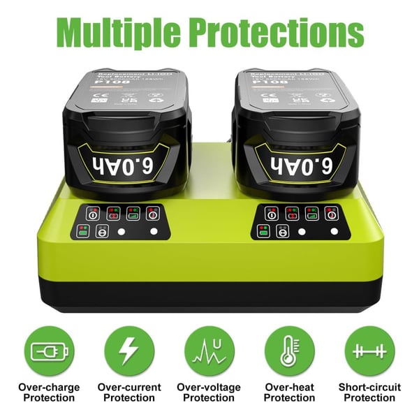 6000mAh 18V Li-ion erstatningsbatteri, kompatibel med Roybi, P108 P102 P103 P104 P105 P107 P109, 2 stk. + 1 oplader