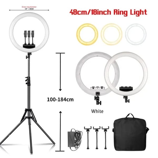 Ringlys, Dæmpbar LED Lampe, USB Opladning, 184cm Tripod Hvid