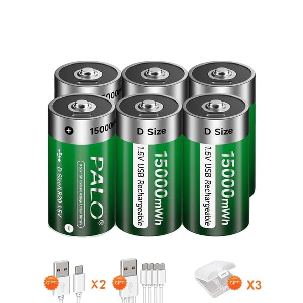Uudelleenladattava D-kokoinen paristo, USB-kaapeli lataus, Li-ion-paristot,6PCS Akut