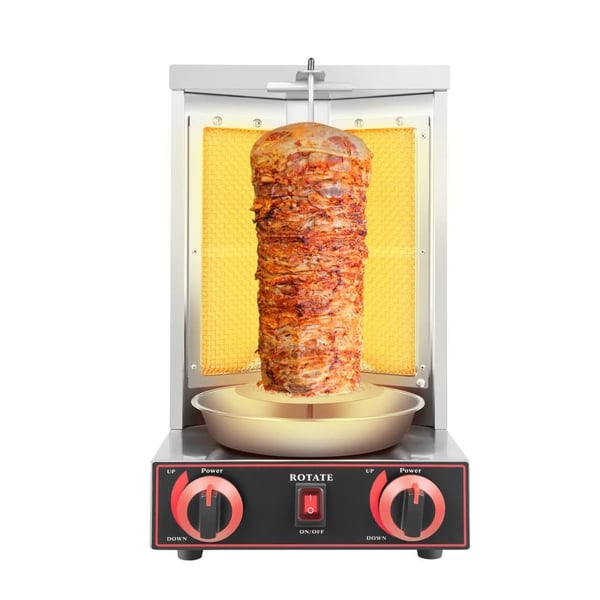 Kaasu Sähkö Kebab Kone, 2 Poltinta, Pystyuuni,Hopea