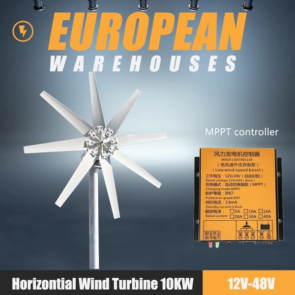 Vindmøllegenerator, 10KW output, 12V/24V/48V spændingsmuligheder,12V, med MPPT-controller, 10KW