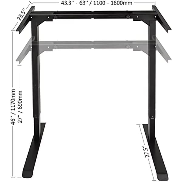 Stående Skrivebordsramme, Højdejusterbar 27"-46", Belastningskapacitet 264 lbs, Løftehastighed 32 mm/s, Passer til Bordplade Størrelse 45.2"-70.8"