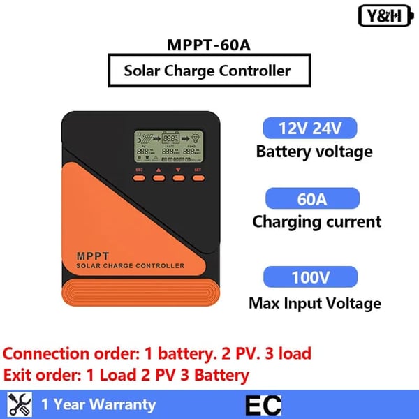 Solcellelader, MPPT-teknologi, LCD-skærm,MPPT-60A, Indbygget Off Grid, 12V 24V Auto