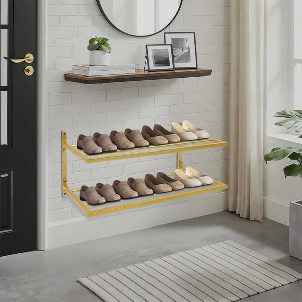 Sko Rack, Vægmonteret, 2 Niveauer,Guld