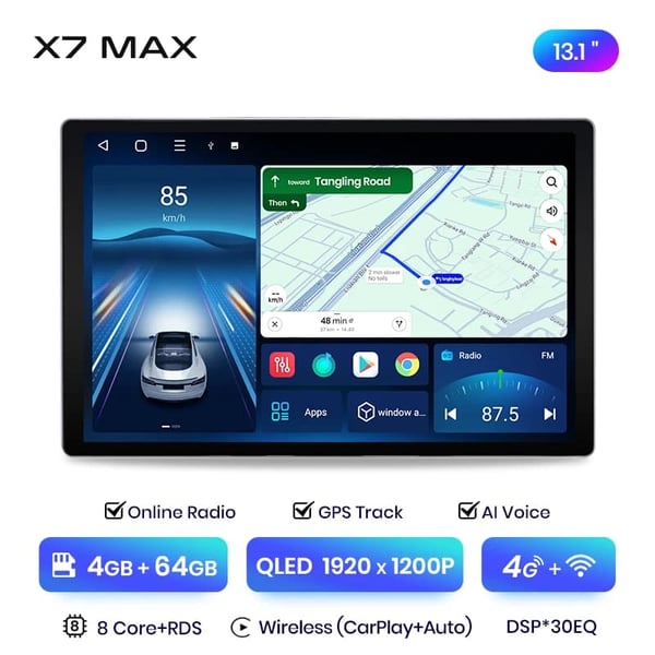 Bilradio, højopløsningsdisplay, kompatibel med Dodge Caliber og Jeep Compass 2010-2016,X7 MAX 4-64-13.1