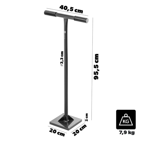 Kompaktori, 20 cm levy, 95,5 cm varren pituus, 3,3 cm akselin halkaisija, 9 kg paino, maalle ja hiekalle