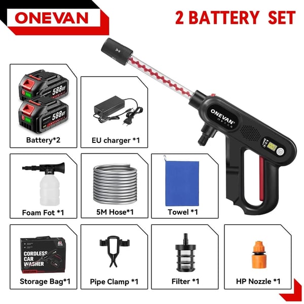 Højtryks bilvaskepistol, 220Bar tryk, 2 batterisæt,2 Batteri EU Stik
