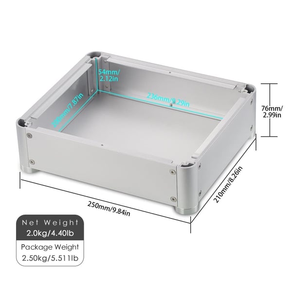 Forstærker Kasse, Eksterne Dimensioner 210mm x 250mm x 76mm, Interne Dimensioner 200mm x 236mm x 54mm, Tykkelse 8mm Front, Nettovægt 2.0kg