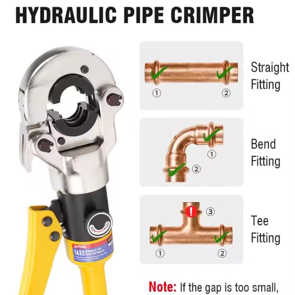 Hydraulisk rørkrympetang, kompatibel med Pex / Inox / Kobber, sort og gul, TH og U og M