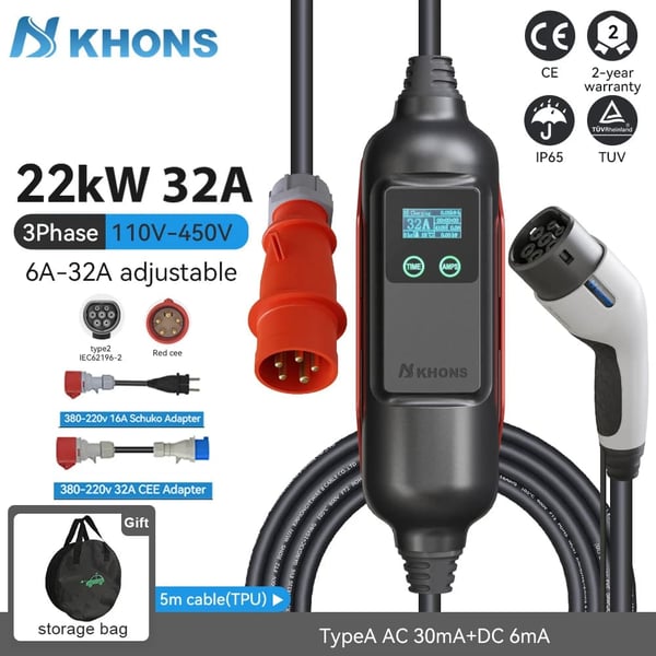 Khons EV-lader, 22KW effektudgang, justerbar 6A-32A strøm,22KW og adapter, TYPE2