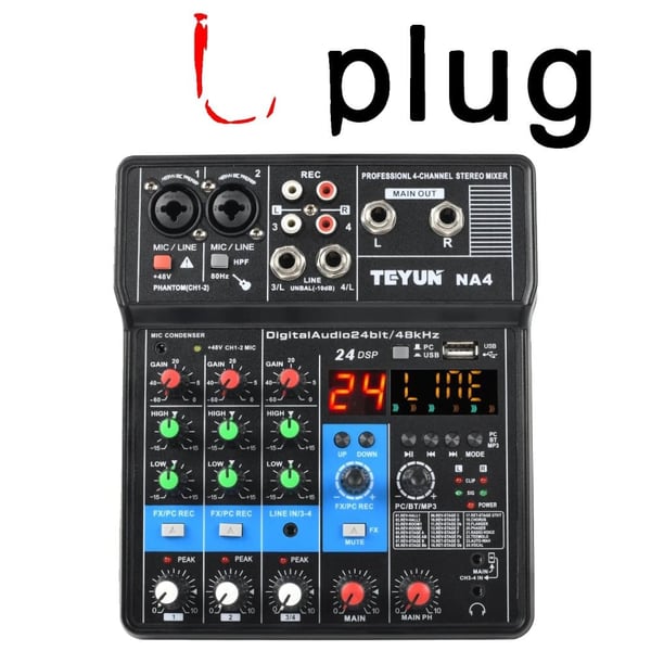 TEYUN Äänimikseri, 4 Kanavaa, Bluetooth-yhteys,EU PLUG in Finnish is "EU-pistoke".
