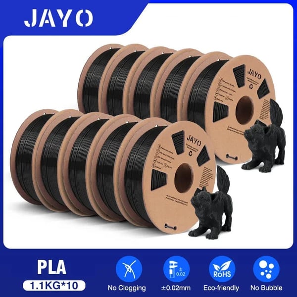 JAYO 3D Printer Filament, 10 Ruller 1,1KG Hver, Miljøvenlige PLA og PETG Muligheder,PLA Sort 10 ruller