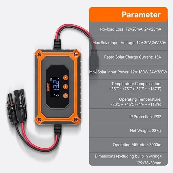 Solcelleladekontrol, MPPT-teknologi, kompakt design,15A MPPT-controller