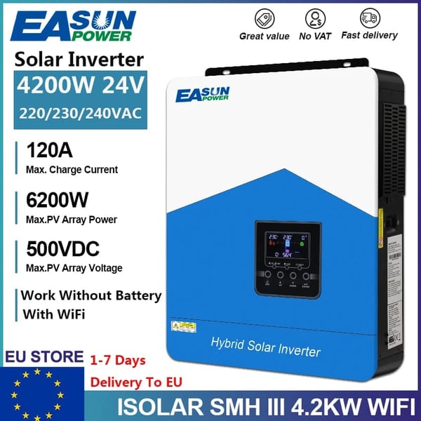 Hybrid sol inverter, ren sinuskurve, flere batterispændinger, tilslutning,SMH-III-4.2KW-24V-WIFI