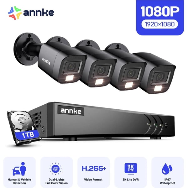 Sikkerhedskamera System, AI Detektion, Farve Natvision,4stk  1TB