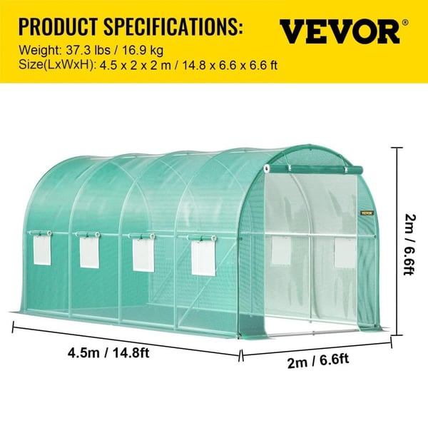 Tunnel Drivhus, Galvaniseret Stålramme, Vandtæt PE Cover,Grøn 15x7x7 ft