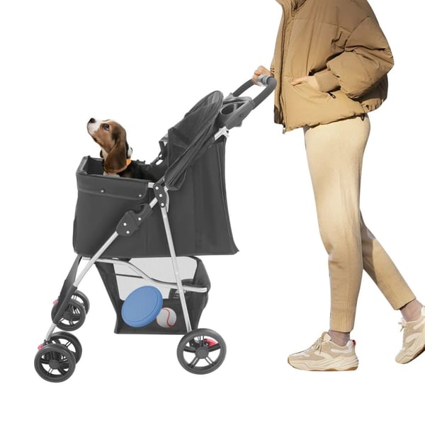 Kæledyrsvogn, Én-klik Folding Design, Rummelig Opbevaringskurv,sort