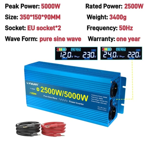DC/AC Inverter, 5000W Peak Effekt, Ren Sinusbølge,DC12V, AC220V-240V, 5000W LCD-skærm, Europa