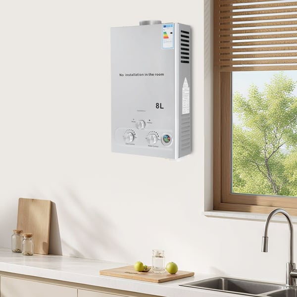 Välitön vesilämmitin, 8L kapasiteetti, 16KW nimellislämpöteho, LPG-yhteensopiva, korkea lämpötehokkuus, seinälle asennettava