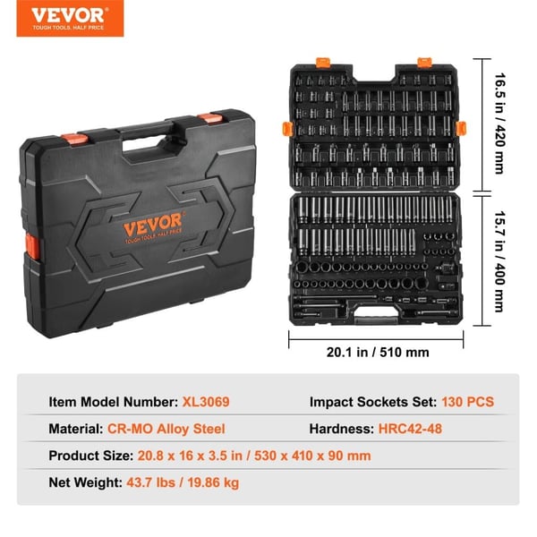 Impact Socket Set, 130 stk, CR-MO legering stål, høj moment design,130stk
