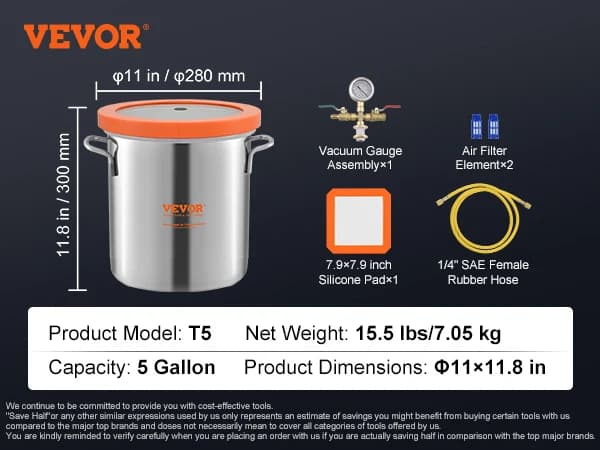 Vakuumafgasningskammer, 304 rustfrit stål, lufttæt tætning,5 Gallon