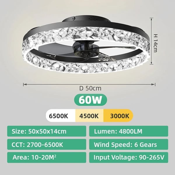 Loftventilator, LED-belysning, Fjernbetjening,sort