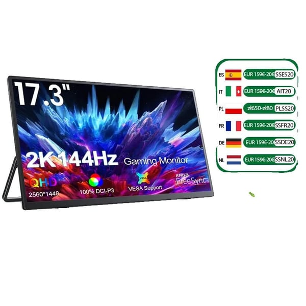 Gaming Bærbar Skærm, 17,3 Tommer, 2560x1440 Opløsning, 144Hz Opdateringsfrekvens,EU-stik