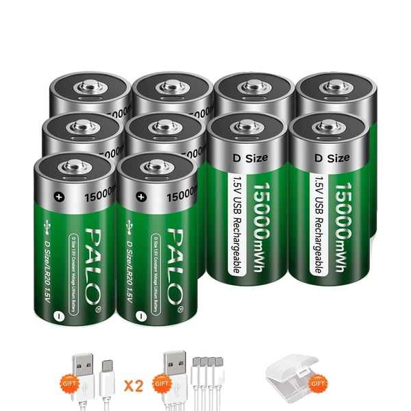 Uudelleenladattava D-kokoinen paristo, USB-kaapeli lataus, Li-ion-paristot,10PCS Akut