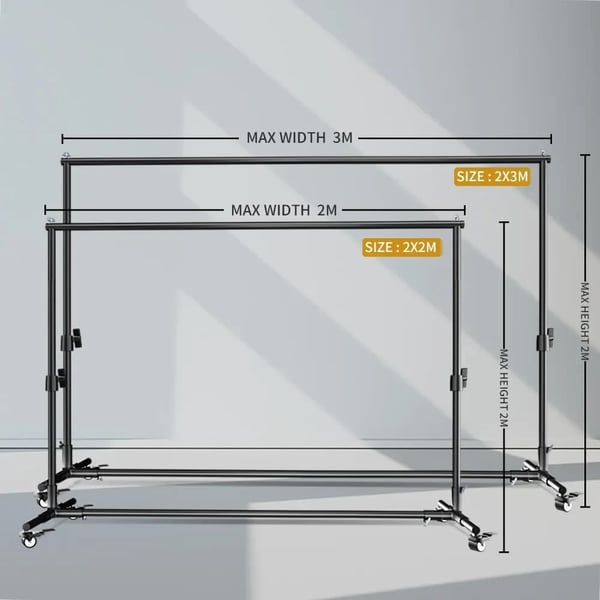 Fotograferingsbaggrundstativ, Justerbar Størrelse 2x2M & 2x3M, Holdbar Metal Konstruktion, Mobil med Hjul,Bare Baggrundsstativ, 200x300cm