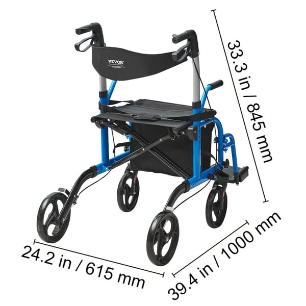 VEVOR Rollator Gåstol, 300 lbs Kapacitet, 21,7 tommer Sædehøjde,Blå