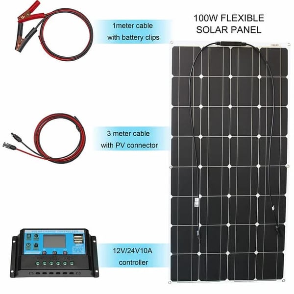 Fleksibelt solcellepanel kit, 12V output, egnet til båd, bil, autocamper, 100w solsystem