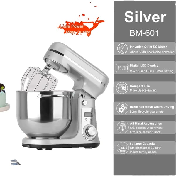 Køkken Stand Mixer, Stille Motor, 6 Hastigheder, 6L Sølv BM-601, EU