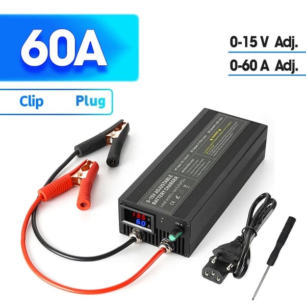 Lithiumbatterioplader, 12V, Justerbar Strøm,60A med klip multi, EU stik
