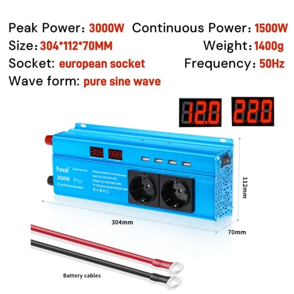 Ren sinuskurve inverter, LED-display,12V-220V-EU
