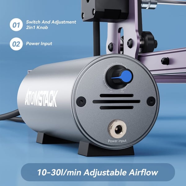 Luftassisteret kit, justerbar luftstrøm 10-30L/min, kompatibel med lasergravører, støjniveau 60dB, dimensioner 20x15x10cm, effektiv støvfjernelse