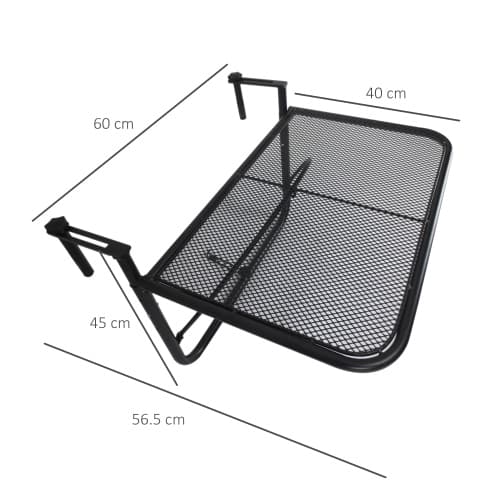 Hängande Balkongbord, Pulverlackerad metall, L60 x B56,5 x H45 cm, Justerbar för räcken från 2 till 11,5 cm, Lastkapacitet 30 kg, Lätt att rengöra