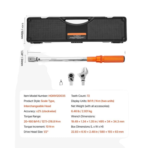 Momentnøgle, 3/8 tommer drev, dual-range nøjagtighed,20-160 ft-lb