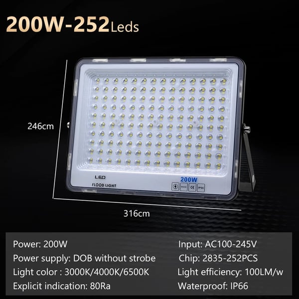 LED Flomlys, Vandtæt IP66, Lysstrøm 100 LM/W,200W