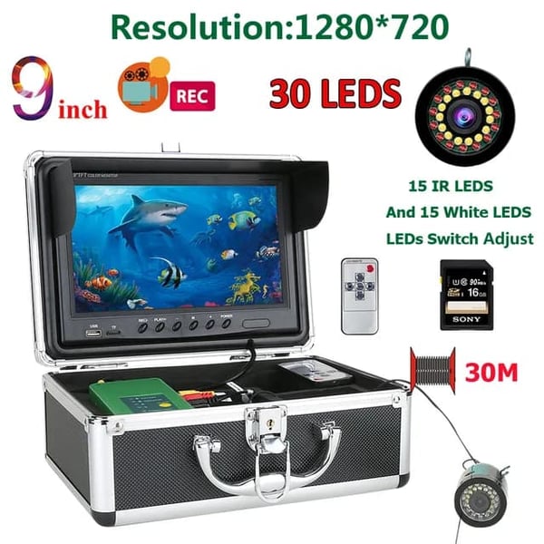 Undervandsfiskekamera, 9HD 1080P skærm, 15 hvide LED'er + 15 IR-lampe, 1080P 30M med DVR