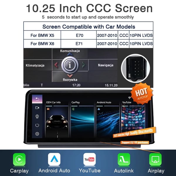 Multimedia Display System, Trådløs CarPlay, Indbygget YouTube-afspiller,CCC Carplay+Youtube