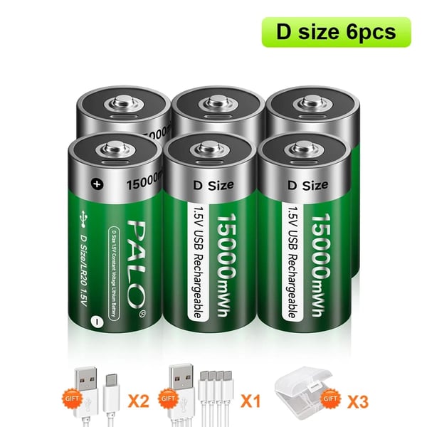 Uudelleenladattava D-kokoinen paristo, USB-kaapeli lataus, Li-ion-paristot,6PCS Akut