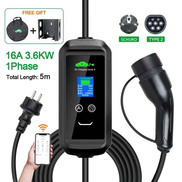 Bærbar EV-lader, 3,6KW Justerbar Strøm, IP67 Bedømmelse, 5m Kabel,16A 1P 3.6kW Type216A 1P 3,6kW Type2