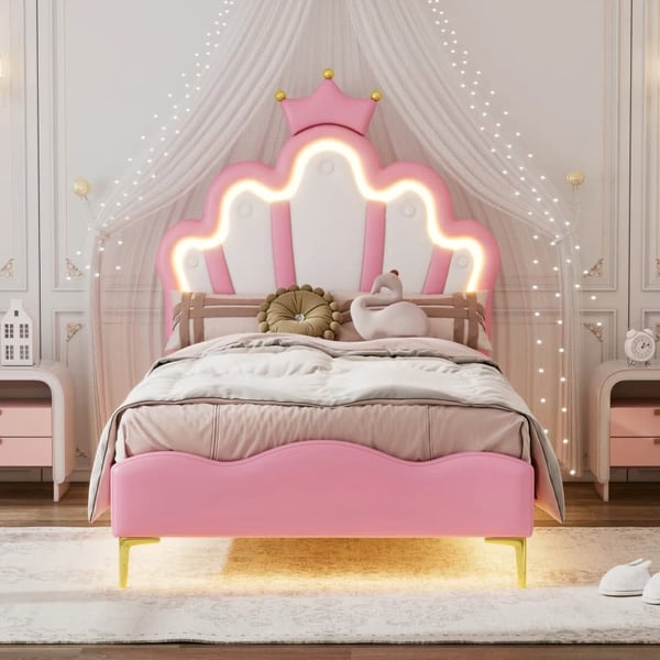 Børneseng, kroneformet design, LED-omgivelseslysstrimmel, Pink